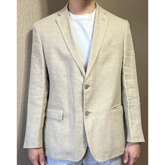 Nordstrom Men's Shop 100% Linen Sports Blazer Coat Beige Beach Size 44 Regular - Picture 1 of 16